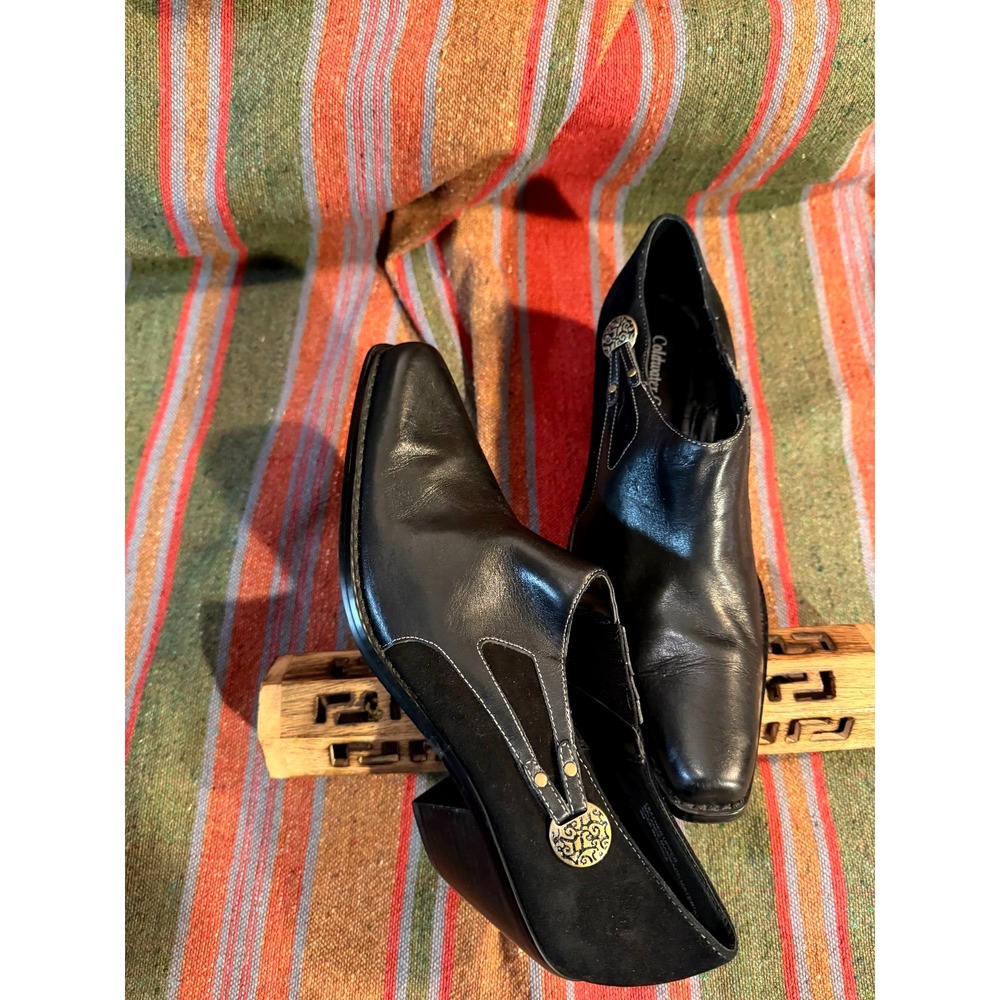 LN~Coldwater Creek~Bohemian Southwestern Black Leather Ankle Buckle Booties 10 M